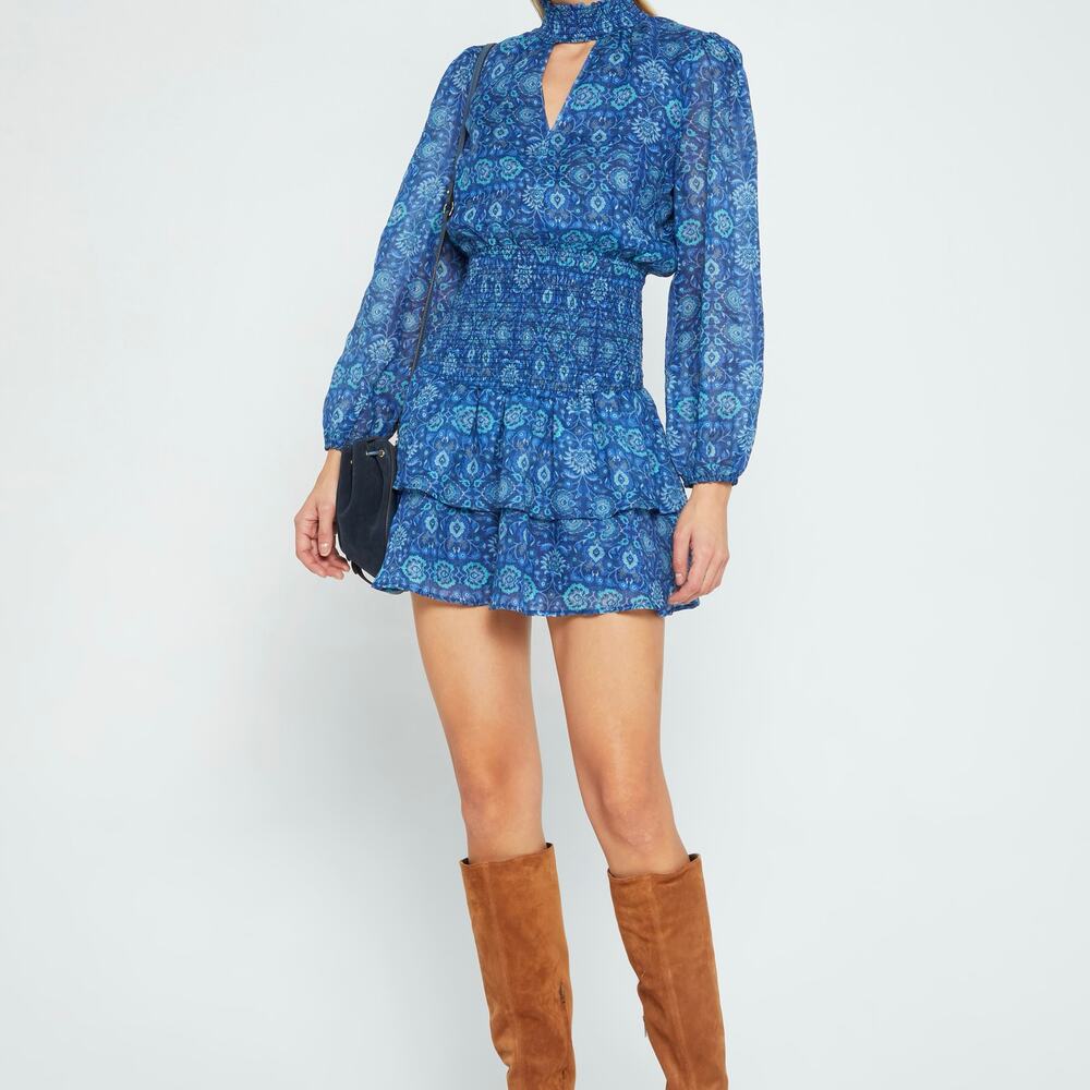 Small Blue Cotton Paisley Print Luke Dress Smocked Tiered Mini Skirt